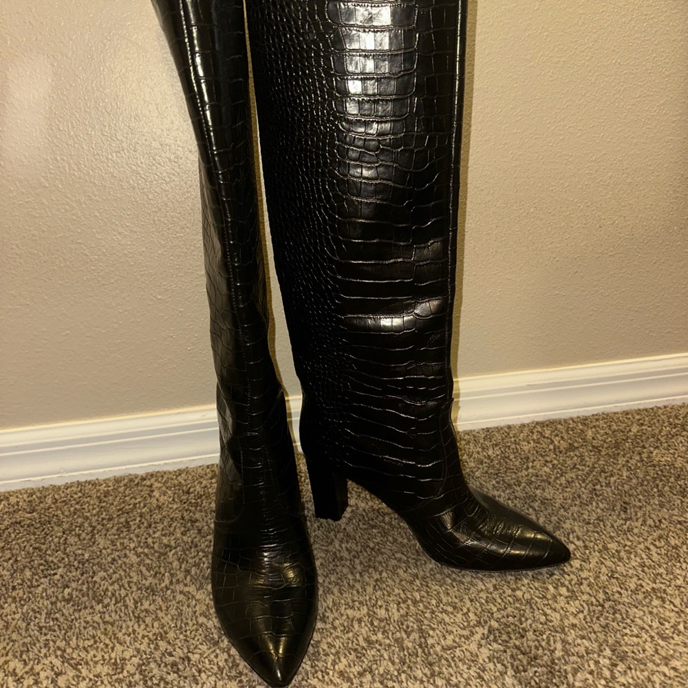 Capezzani - Black Croc-Embossed Over-the-Knee Pointed Heel Boots (Italian made)